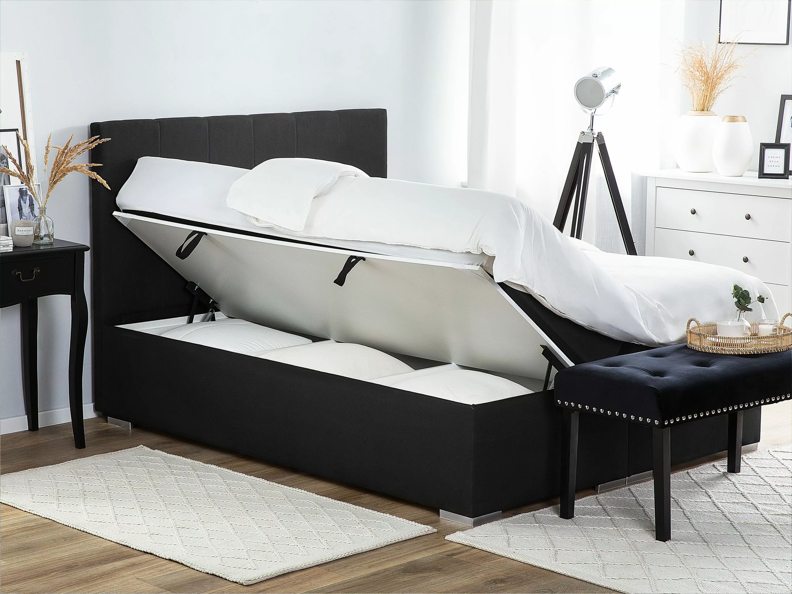 Beliani Boxspring Stof Zwart Met Opbergruimte In Diverse Formaten LORD - Afbeelding 6