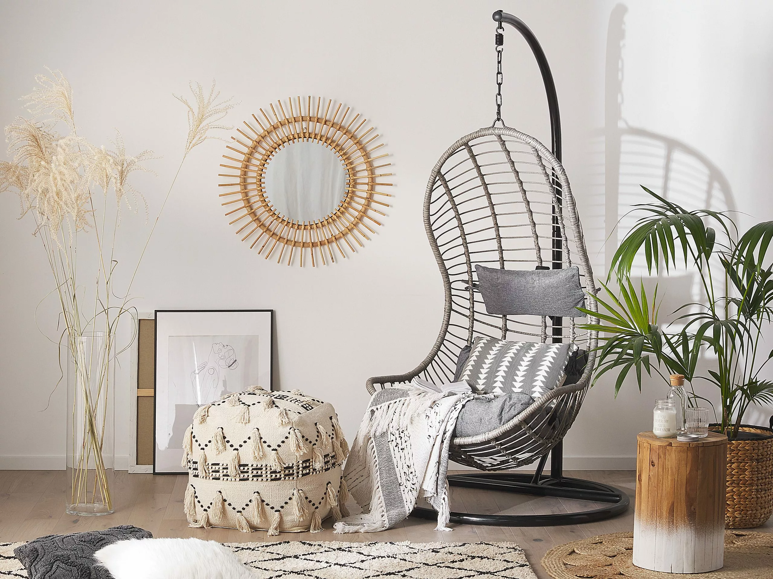 Beliani Hangstoel Met Standaard Rotan Grijs/zwart PINETO - Afbeelding 2