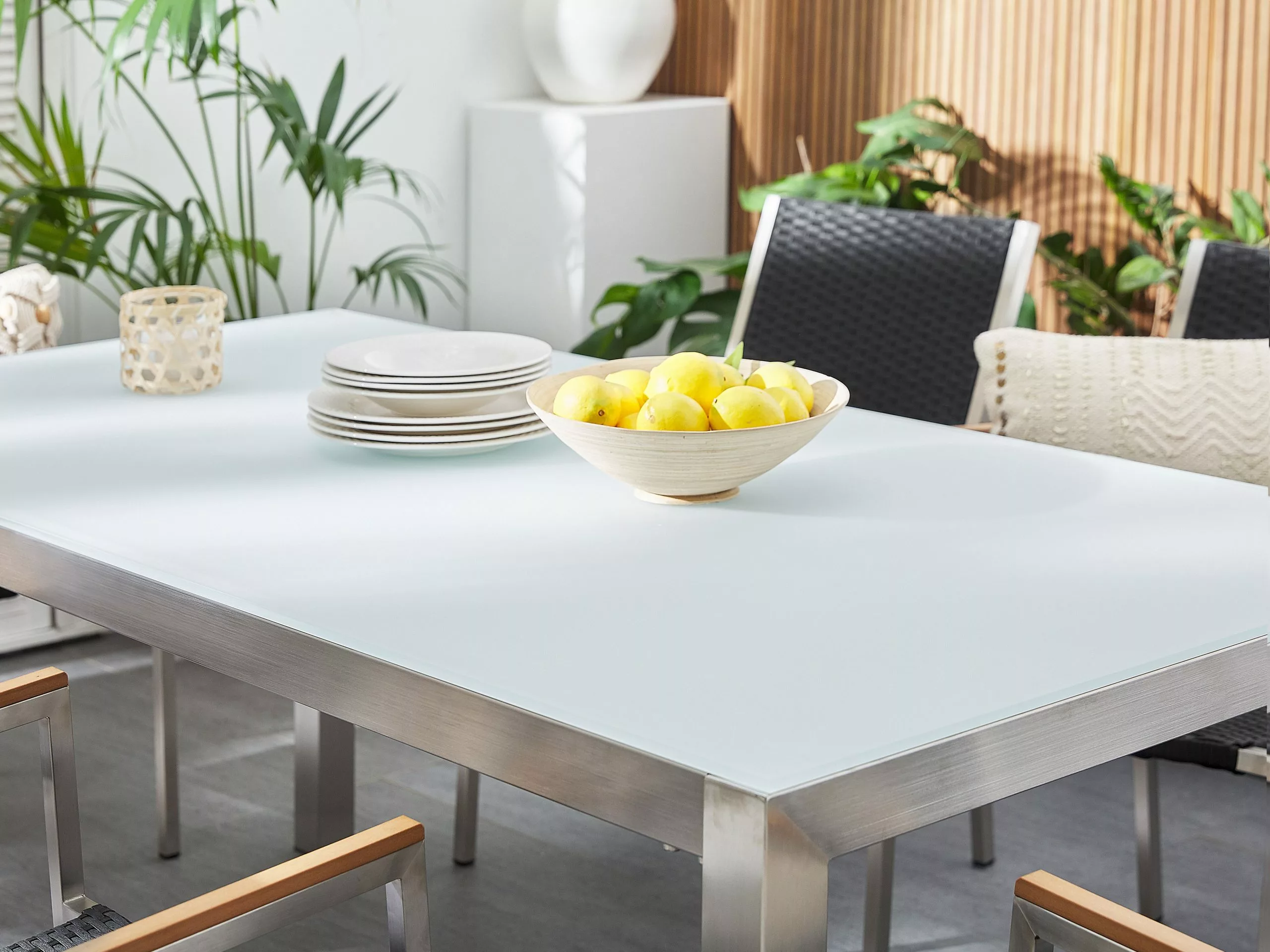 Beliani Tuintafel Glas/RVS Met Wit 180 X 90 Cm GROSSETO 6 Beliani Tuintafel Glas/RVS Met Wit 180 X 90 Cm GROSSETO - Afbeelding 4