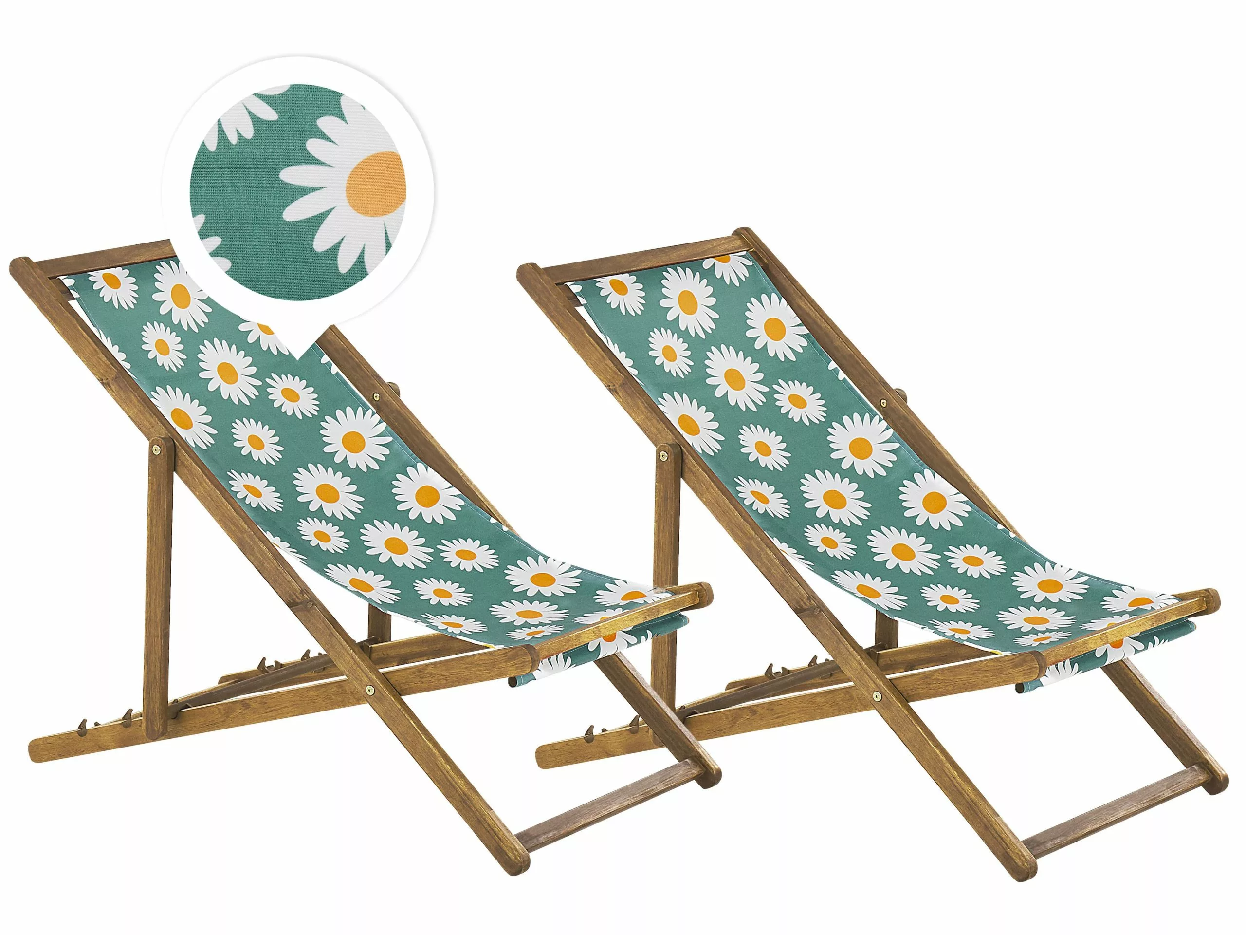 Beliani Ligstoel Set Van 2 Acaciahout Stof Lichthout/kamille ANZIO