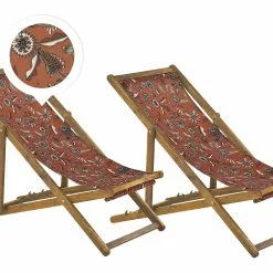 Beliani Ligstoel Set Van 2 Acaciahout Stof Rood ANZIO