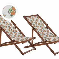 Beliani Ligstoel Set Van 2 Acaciahout Stof Sinaasappel ANZIO