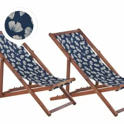 Beliani Ligstoel Set Van 2 Acaciahout Stof Marineblauw ANZIO