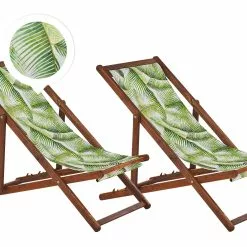 Beliani Ligstoel Set Van 2 Acaciahout Stof Palmblad ANZIO