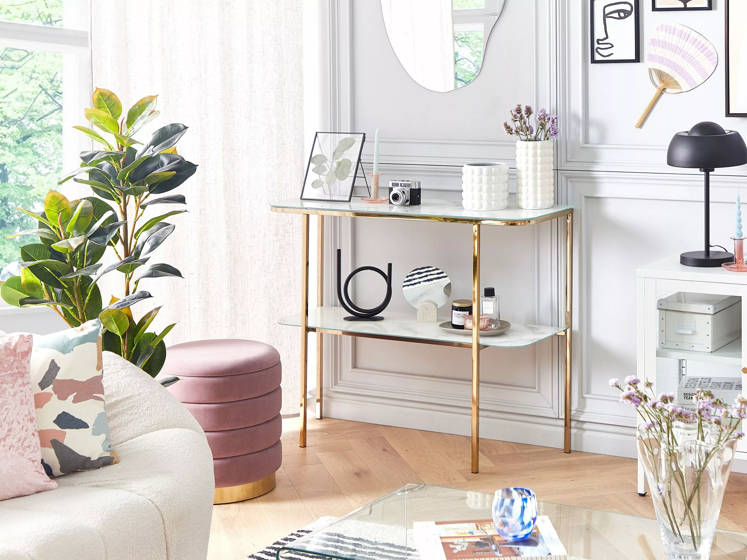 Beliani Consoletafel Marmerlook Wit/goud CALVERT - Afbeelding 2