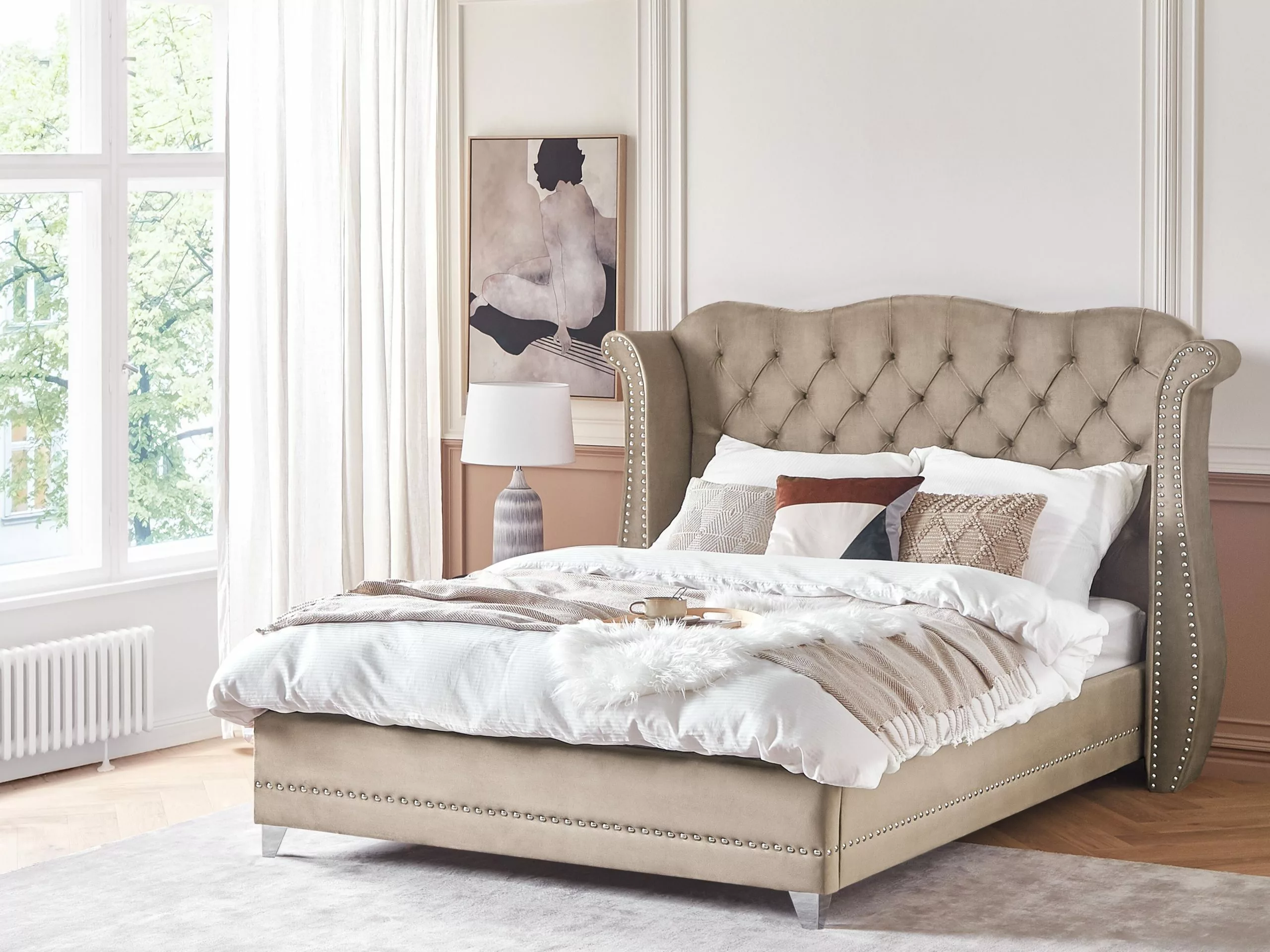 Beliani Bed Fluweel Taupe In Diverse Formaten AYETTE 4 Beliani Bed Fluweel Taupe In Diverse Formaten AYETTE - Afbeelding 2