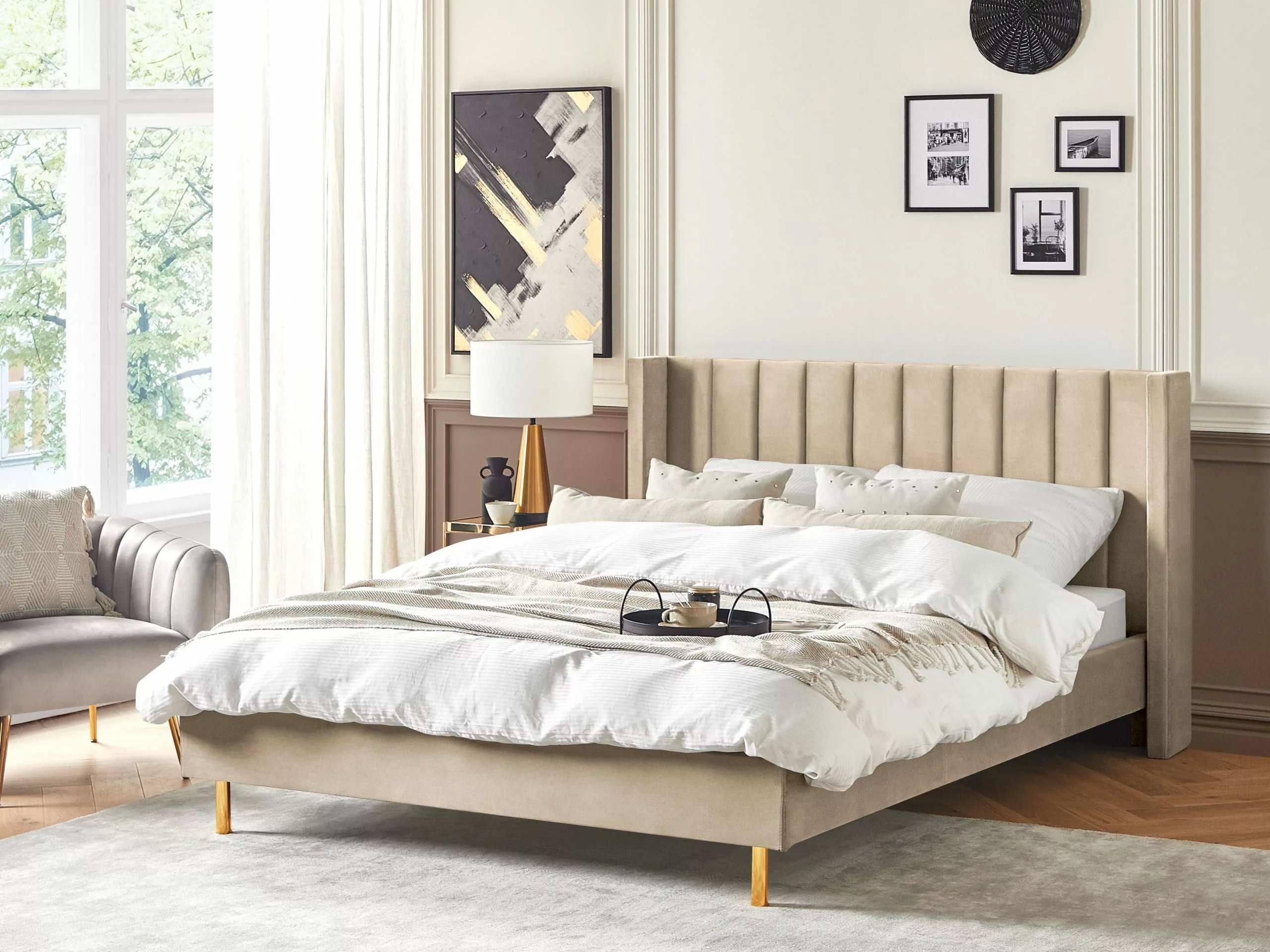 Beliani Bed Fluweel Beige In Diverse Formaten VILETTE - Afbeelding 2