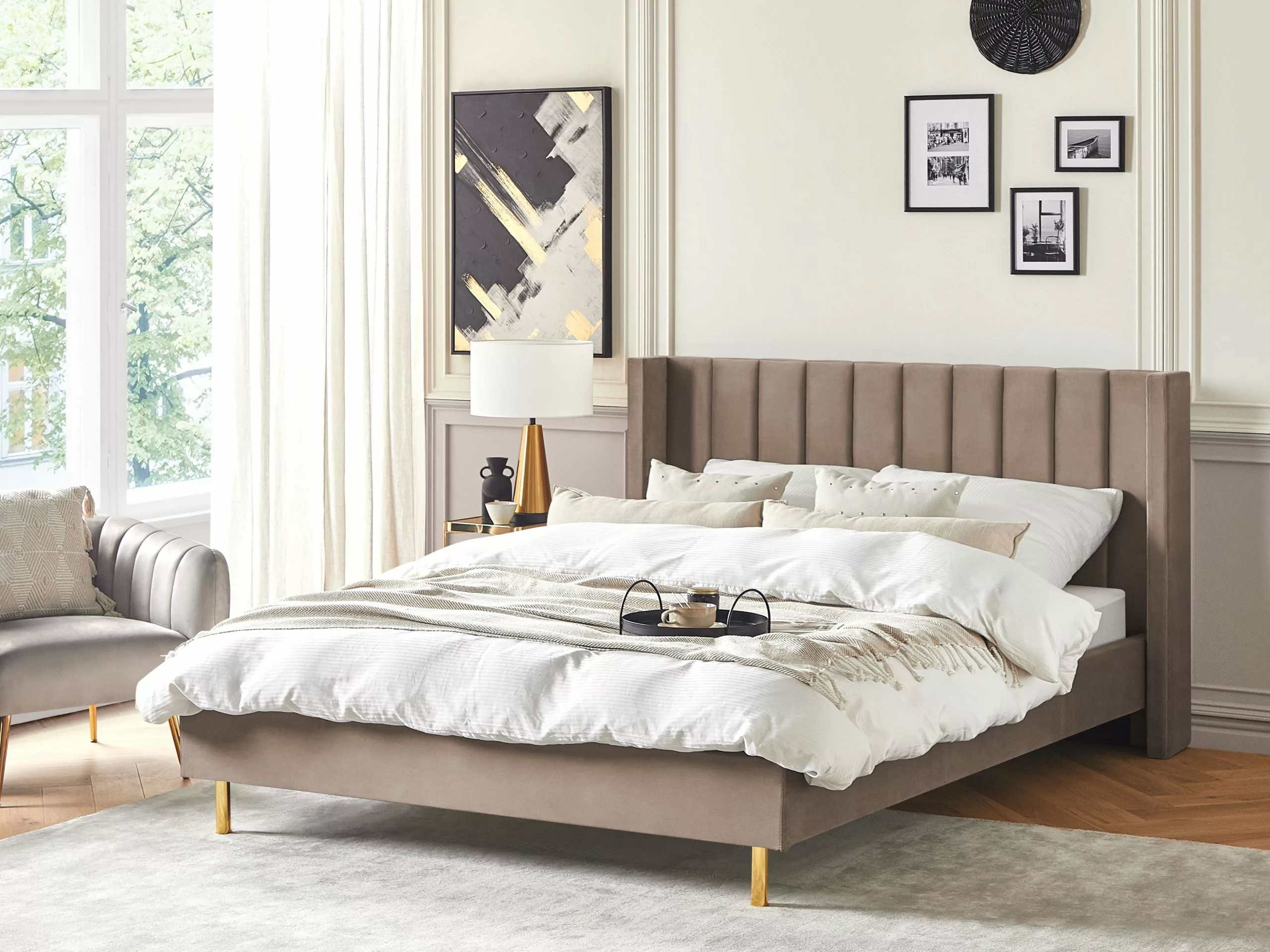 Beliani Bed Fluweel Taupe In Diverse Formaten VILLETTE - Afbeelding 2